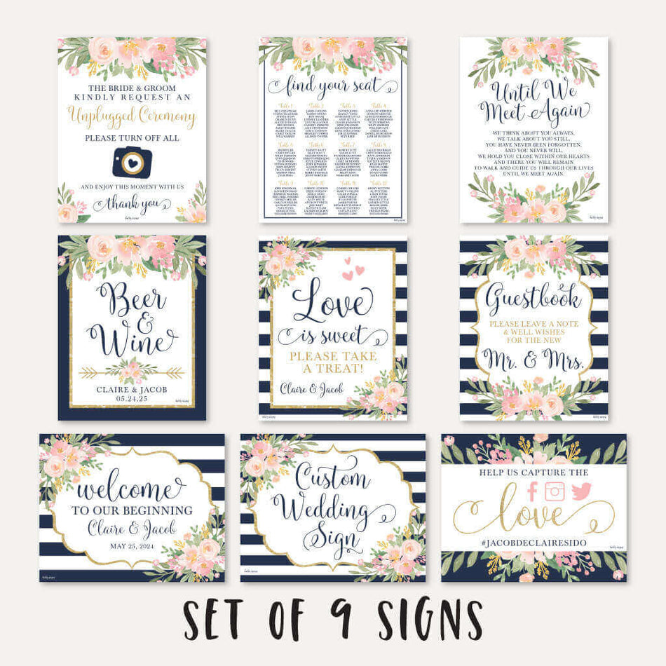Navy Striped Blush Floral Wedding Sign Set Printable Template
