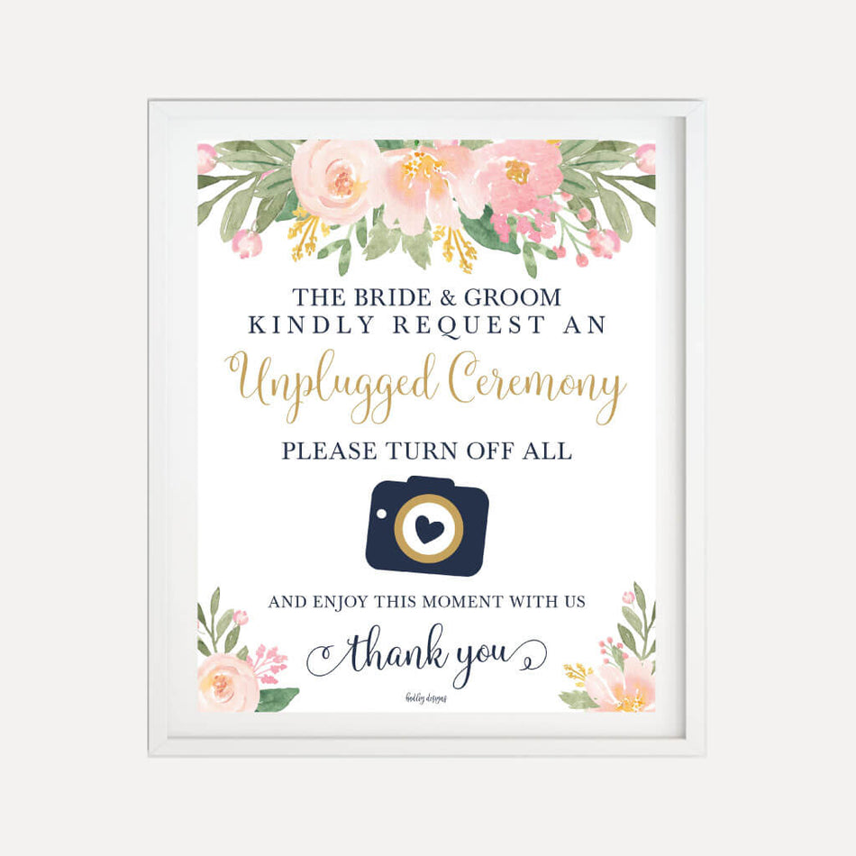 Navy Striped Blush Floral Wedding Unplugged Ceremony Sign Printable Template