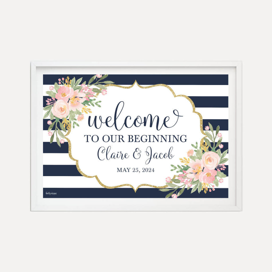 Navy Striped Blush Floral Wedding Welcome Sign Printable Template