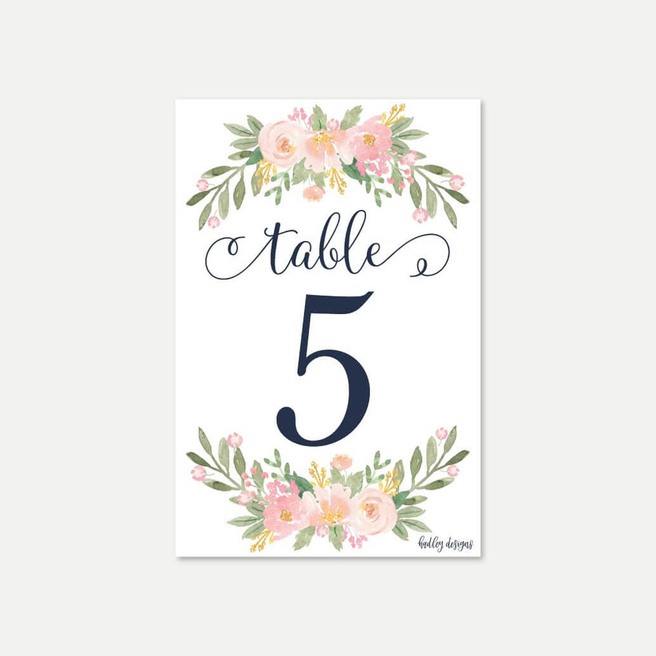 Navy Striped Blush Floral Wedding Table Numbers Printable Template
