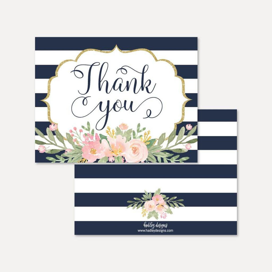 Navy Striped Blush Floral Wedding Thank You Card Printable Template