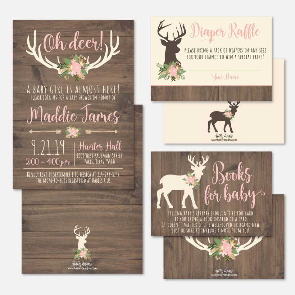 Oh Deer Girl Baby Shower Invitation Suite Printable Template