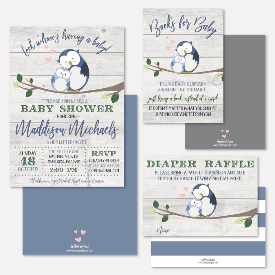 Owl Boy Baby Shower Invitation Suite Printable Template