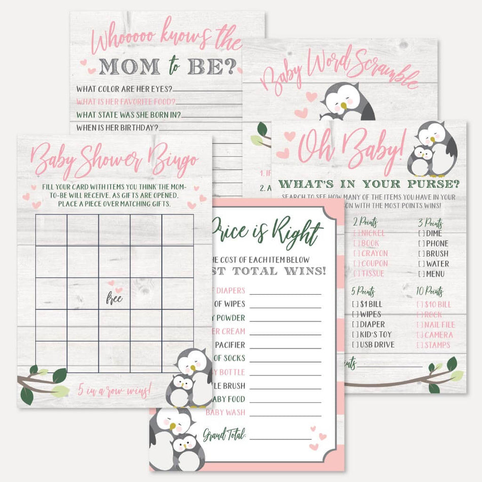 Owl Girl Baby Shower Games Set Printable Template