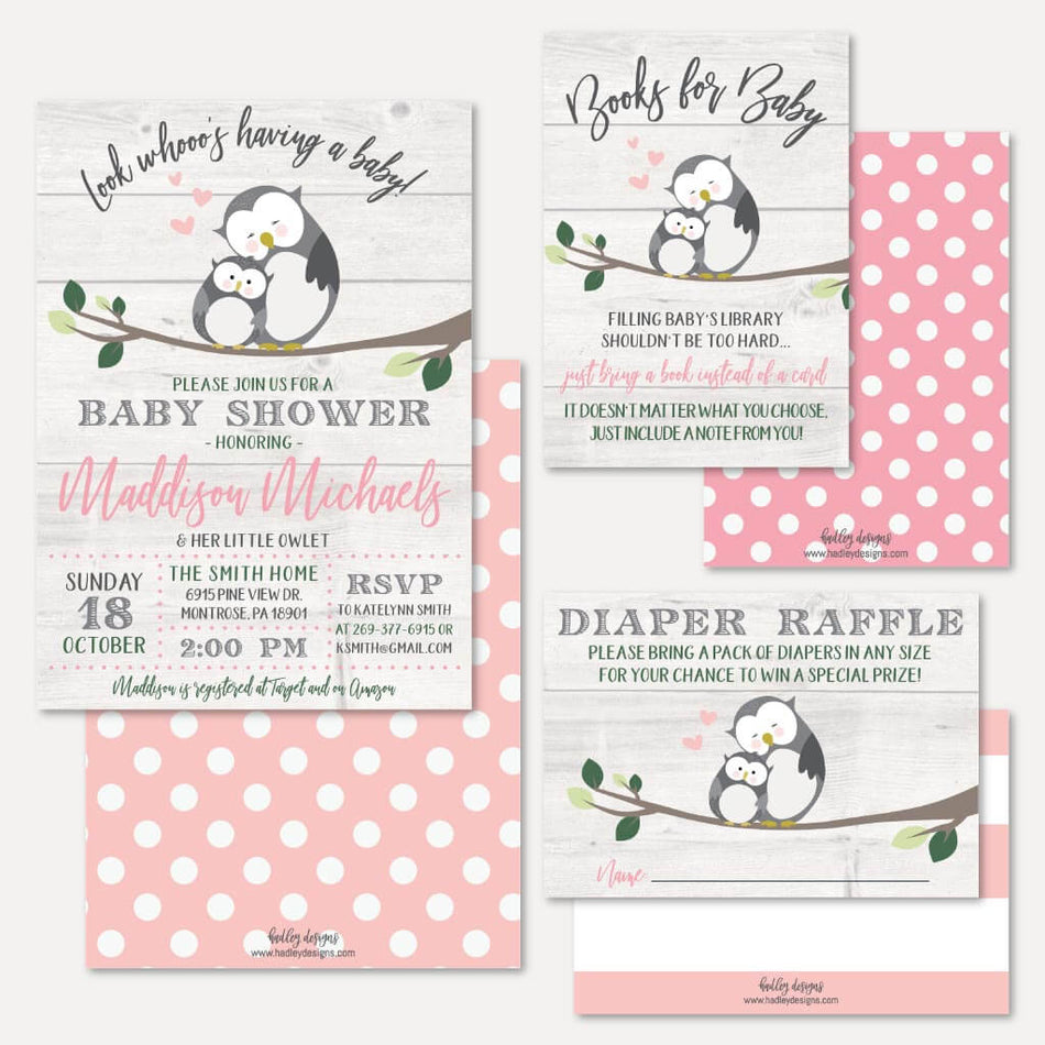 Owl Girl Baby Shower Invitation Suite Printable Template