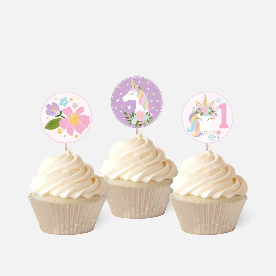 Pastel Floral Unicorn Kids Party Cupcake Topper Printable Template