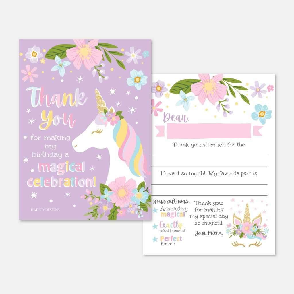 Printable Pastel Floral Unicorn Kids Party Fill In The Blank Thank You ...