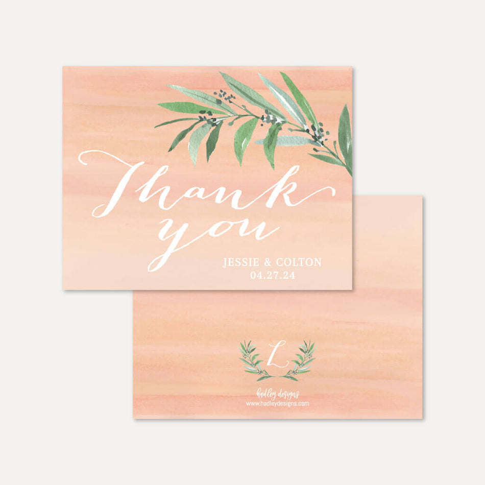 Printable Peach Watercolor Wedding Thank You Card Template | Hadley ...