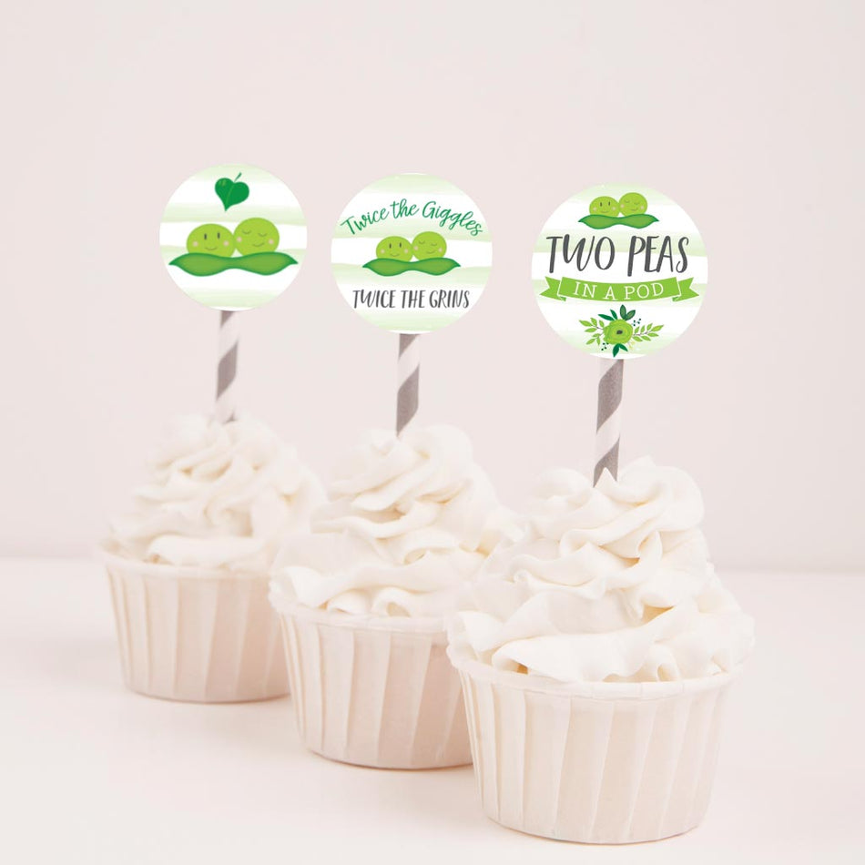 Peas In A Pod Twins Baby Shower Cupcake Toppers Printable Template