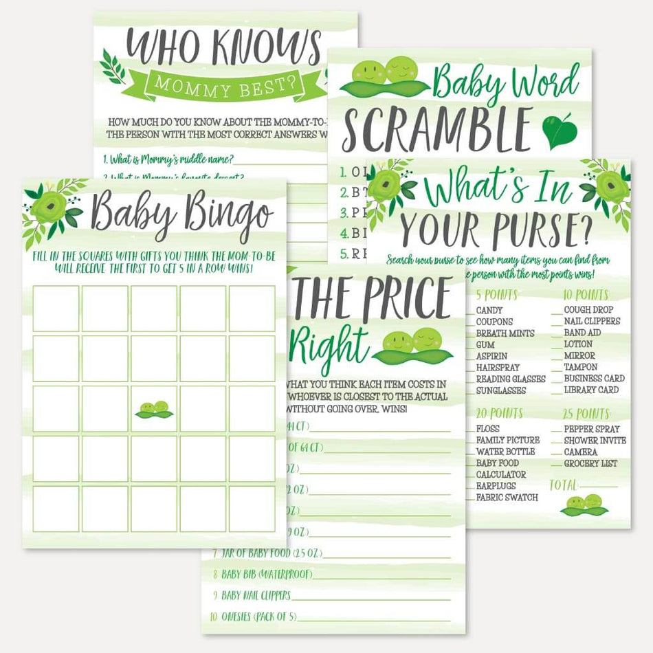 Peas In A Pod Twins Baby Shower Games Set Printable Template
