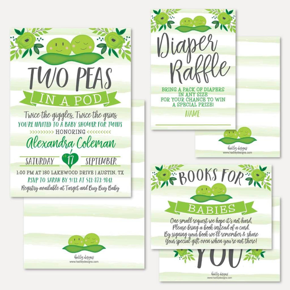 Peas In A Pod Twins Baby Shower Invitation Suite Printable Template