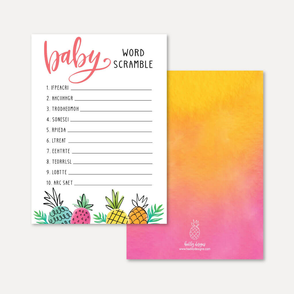Printable Pineapple Baby Shower Word Scramble Game Template | Hadley ...
