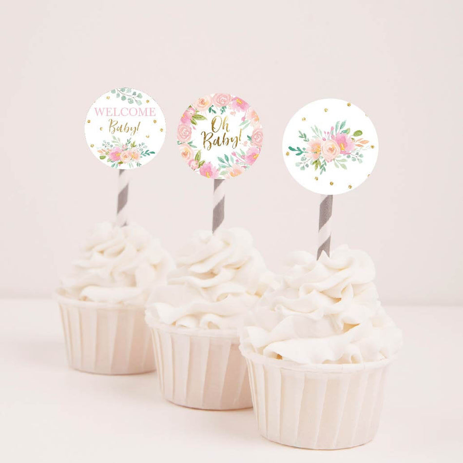 Pink Pastel Floral Baby Shower Cupcake Toppers Printable Template