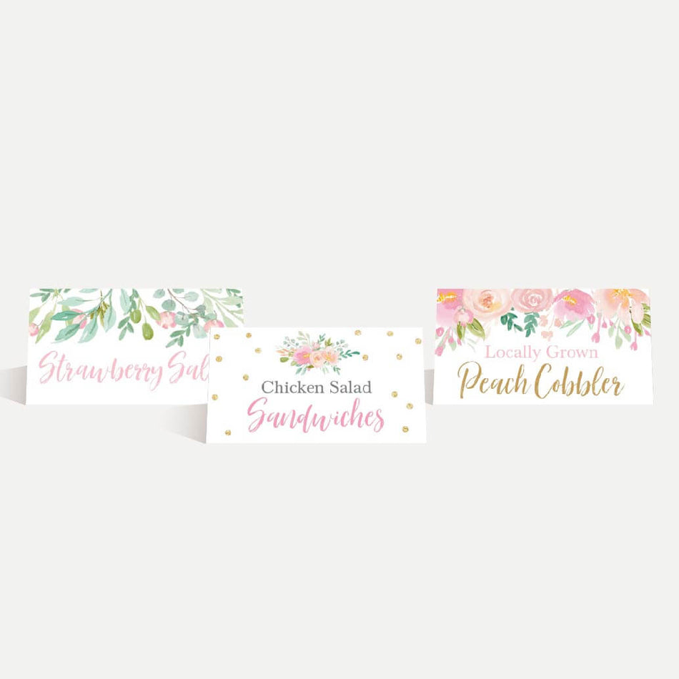 Pink Pastel Floral Baby Shower Food Tent Cards Printable Template