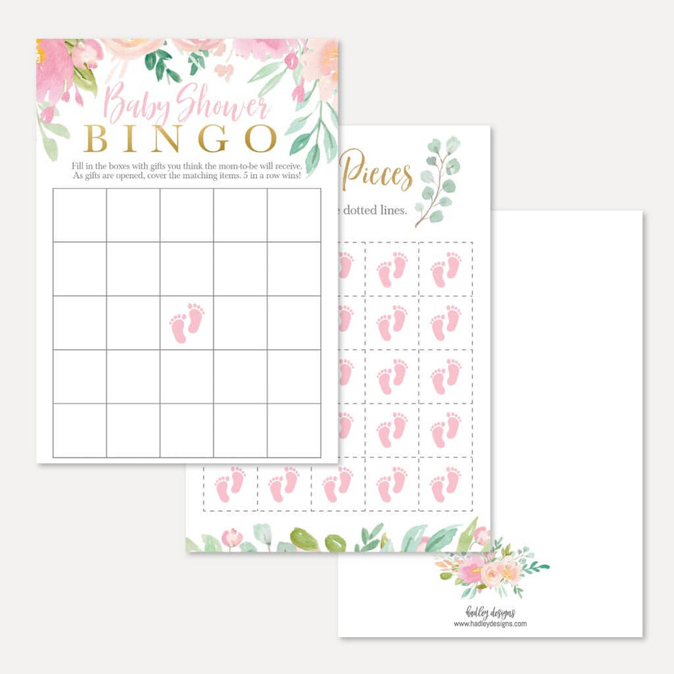 Pink Pastel Floral Baby Shower Bingo Game Printable Template