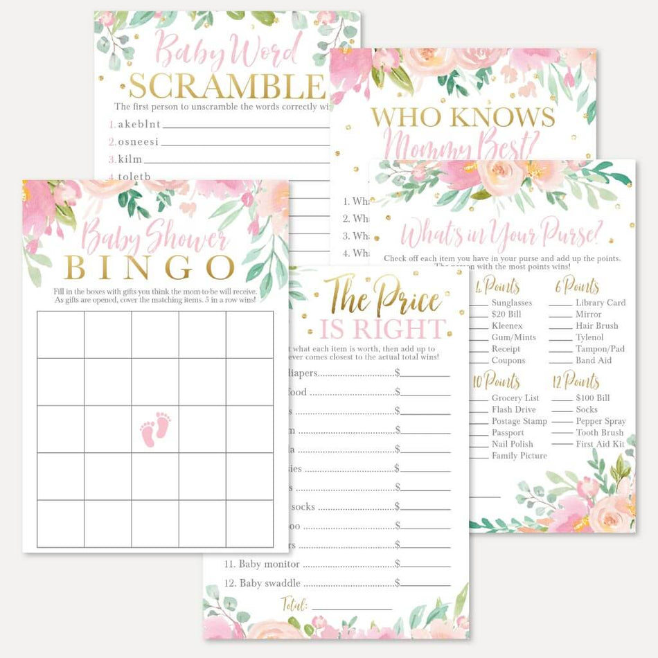 Pink Pastel Floral Baby Shower Games Set Printable Template