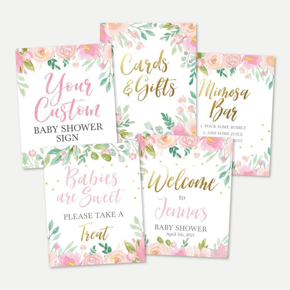 Pink Pastel Floral Baby Shower Sign Bundle Printable Template