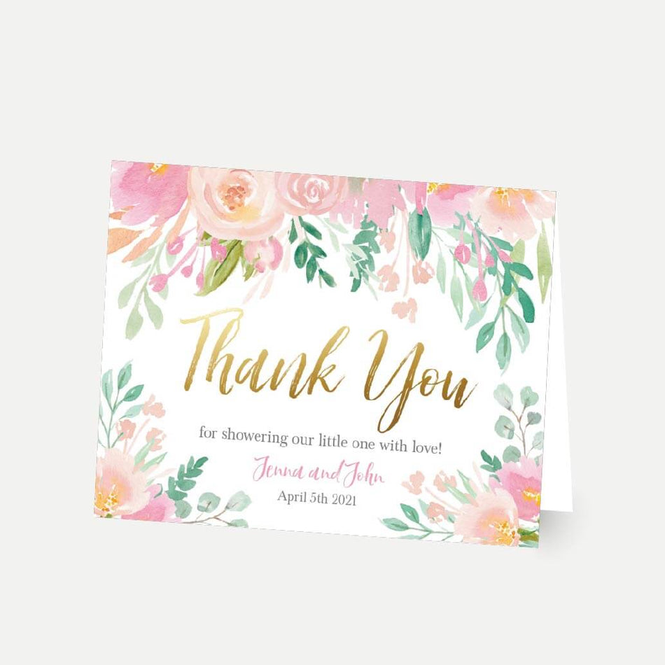 Pink Pastel Floral Baby Shower Thank You Card Printable Template
