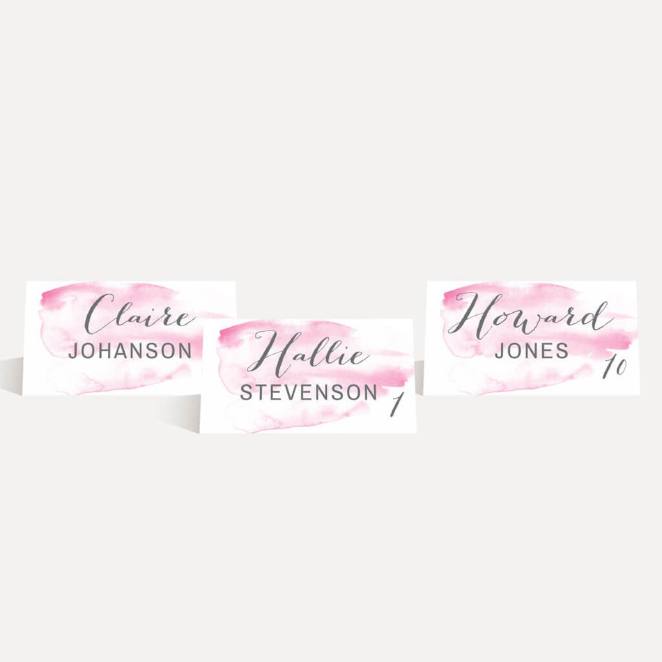 Pink Watercolor Splash Wedding Place Cards Printable Template