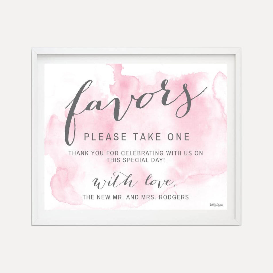 Pink Watercolor Splash Wedding Favors Sign Printable Template