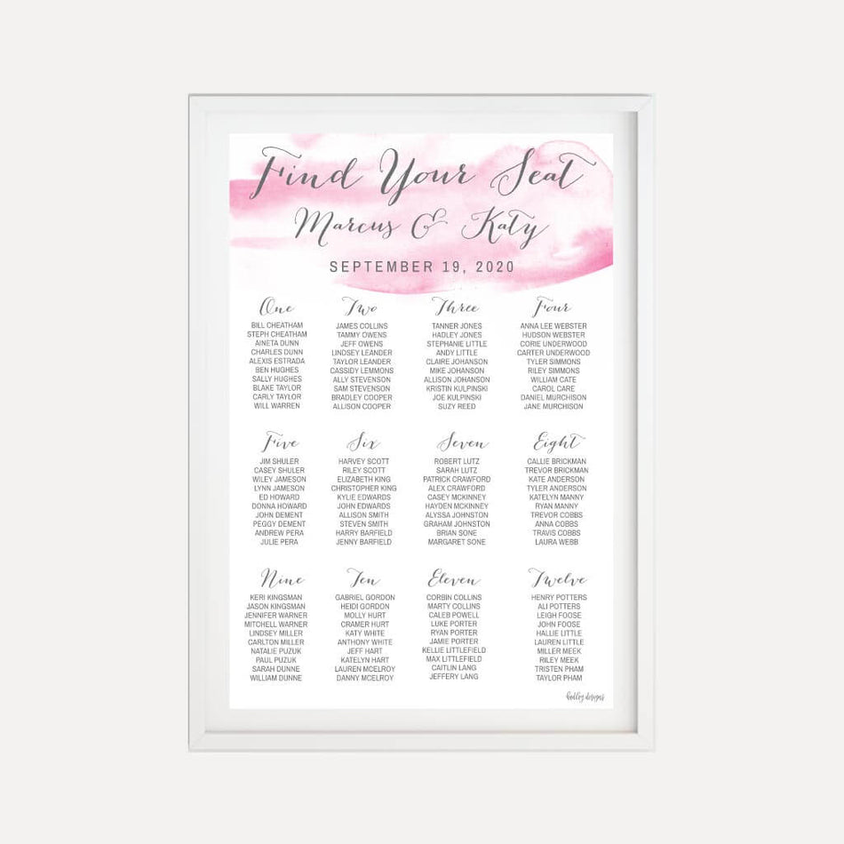 Pink Watercolor Splash Wedding Seating Chart Sign Printable Template