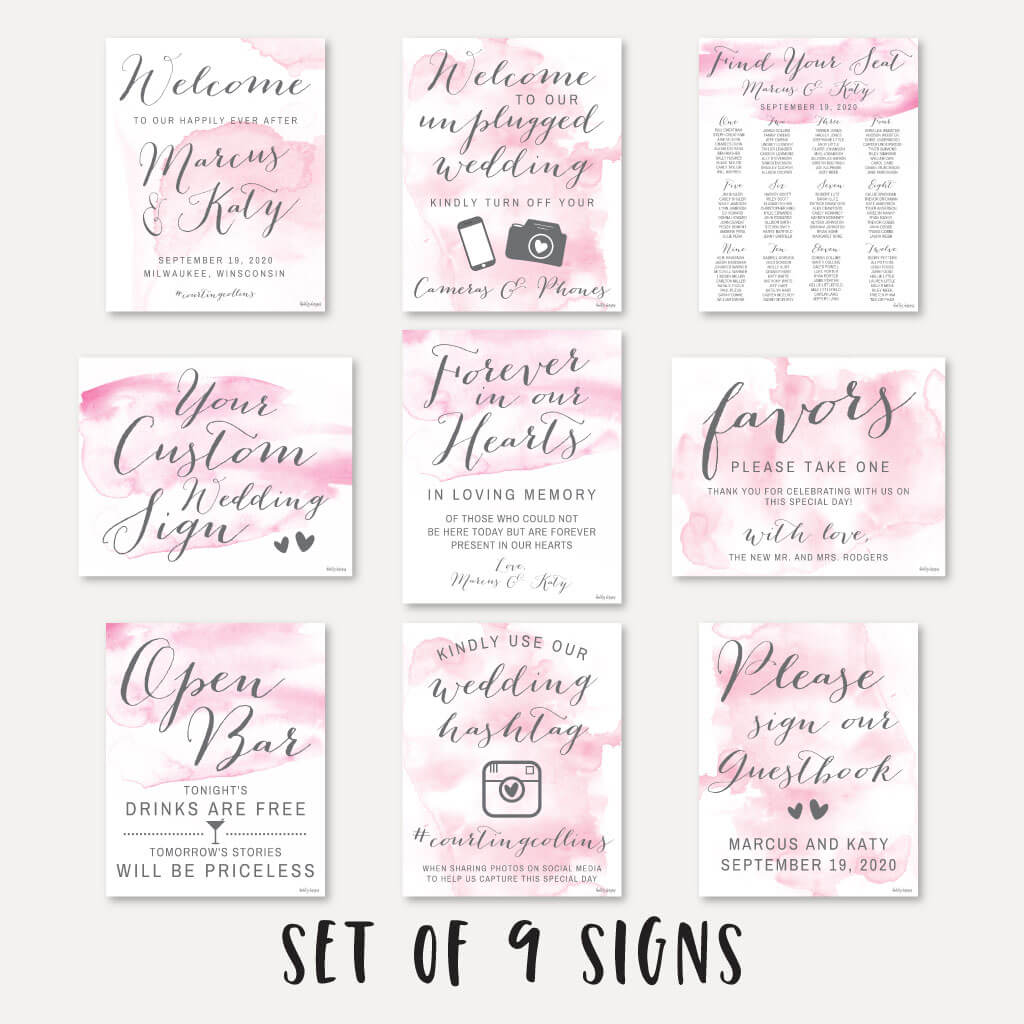 Printable Pink Watercolor Splash Wedding Signs Set Templates | Hadley ...