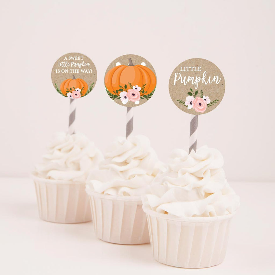 Pumpkin Girl Baby Shower Cupcake Toppers Printable Template