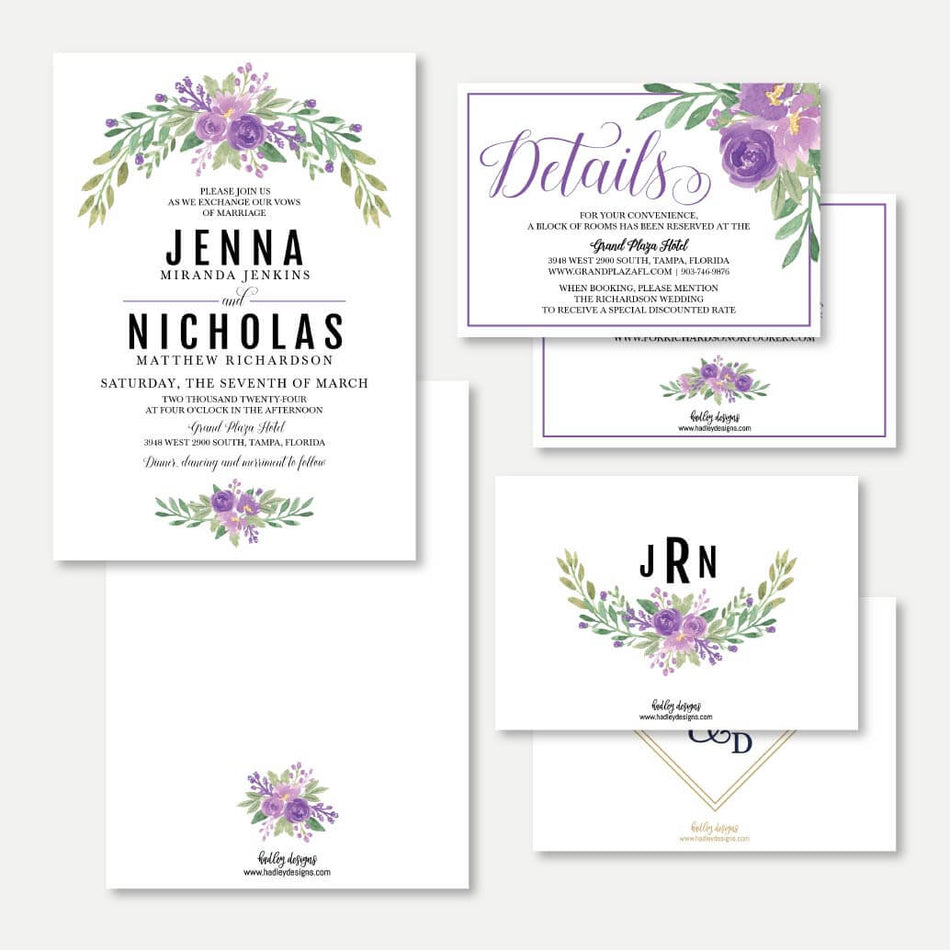 Purple Floral Arch Wedding Invitation Suite Printable Template