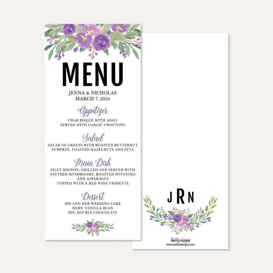 Purple Floral Arch Wedding Menu Printable Template