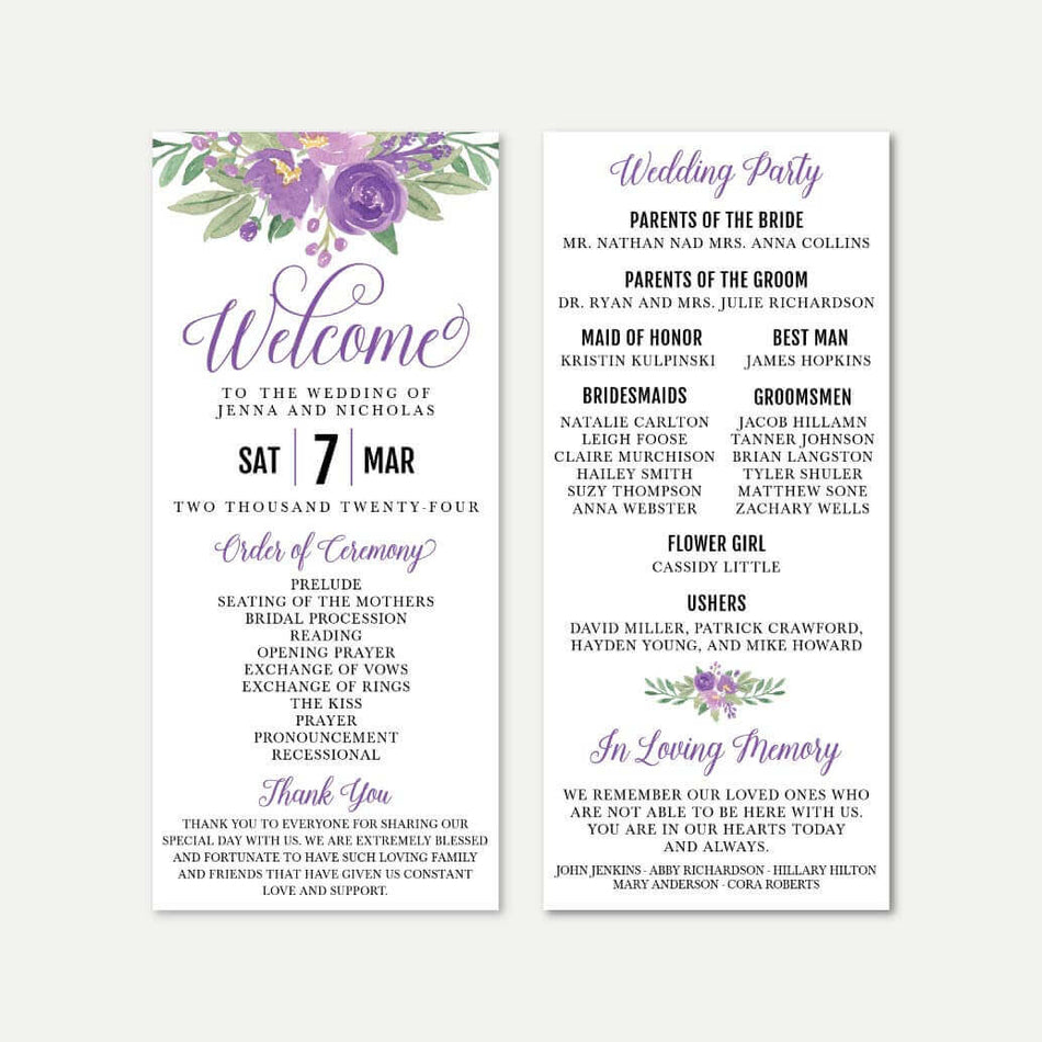 Purple Floral Arch Wedding Program Printable Template