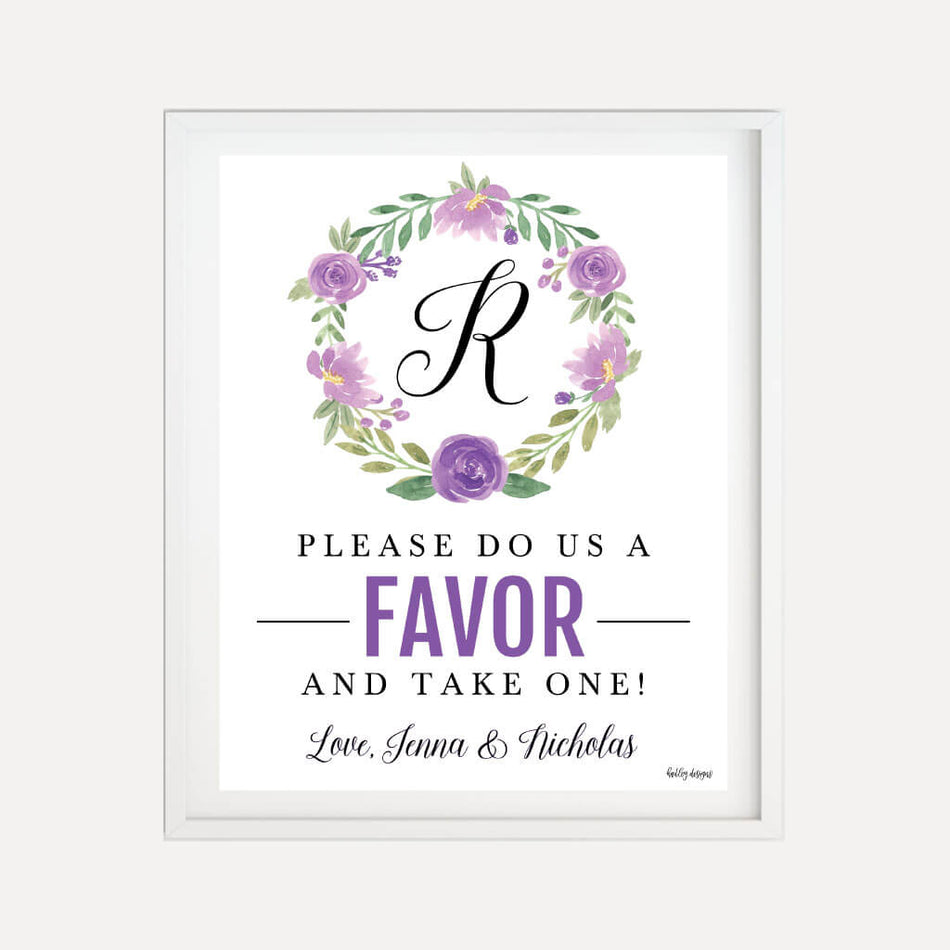 Purple Floral Arch Wedding Favors Sign Printable Template