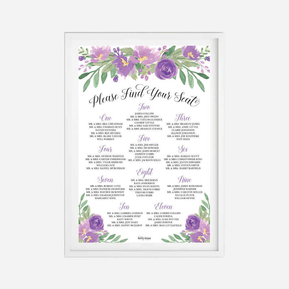 Purple Floral Arch Wedding Seating Chart Plan Sign Printable Template