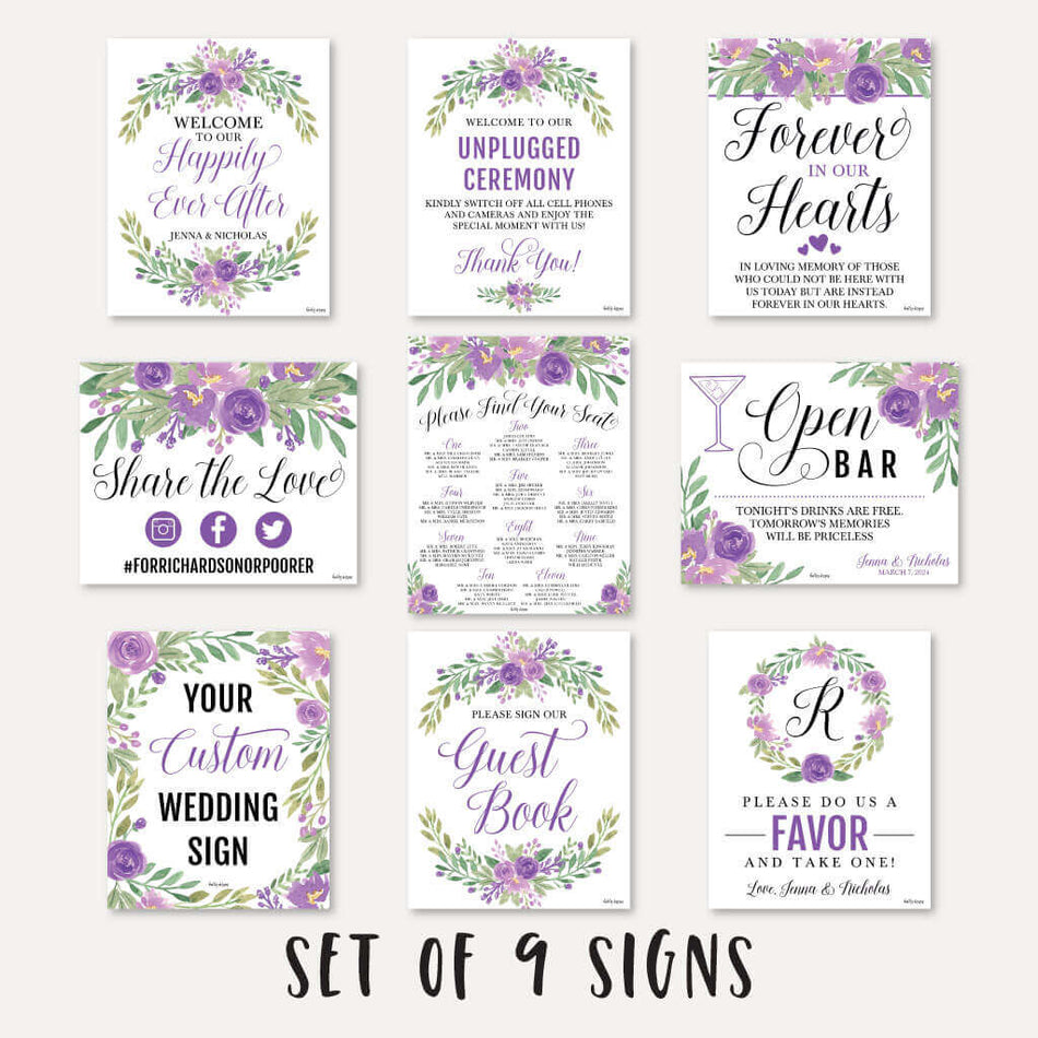 Purple Floral Arch Wedding Sign Set Printable Templates