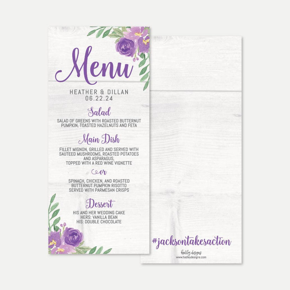 Purple Floral Rustic Wedding Menu Printable Template