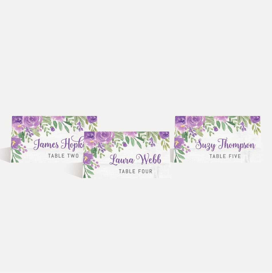 Purple Floral Rustic Wedding Place Cards Printable Template