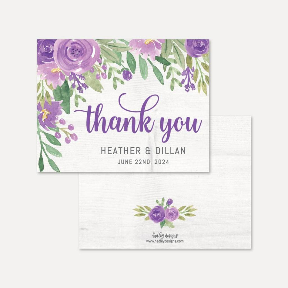 Purple Floral Rustic Wedding Thank You Card Printable Template