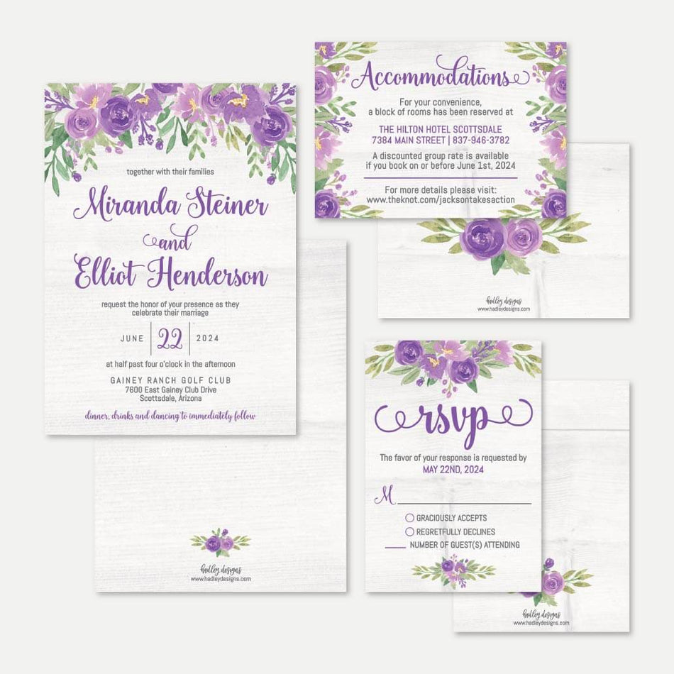 Purple Floral Rustic Wedding Invitation Suite Printable Template