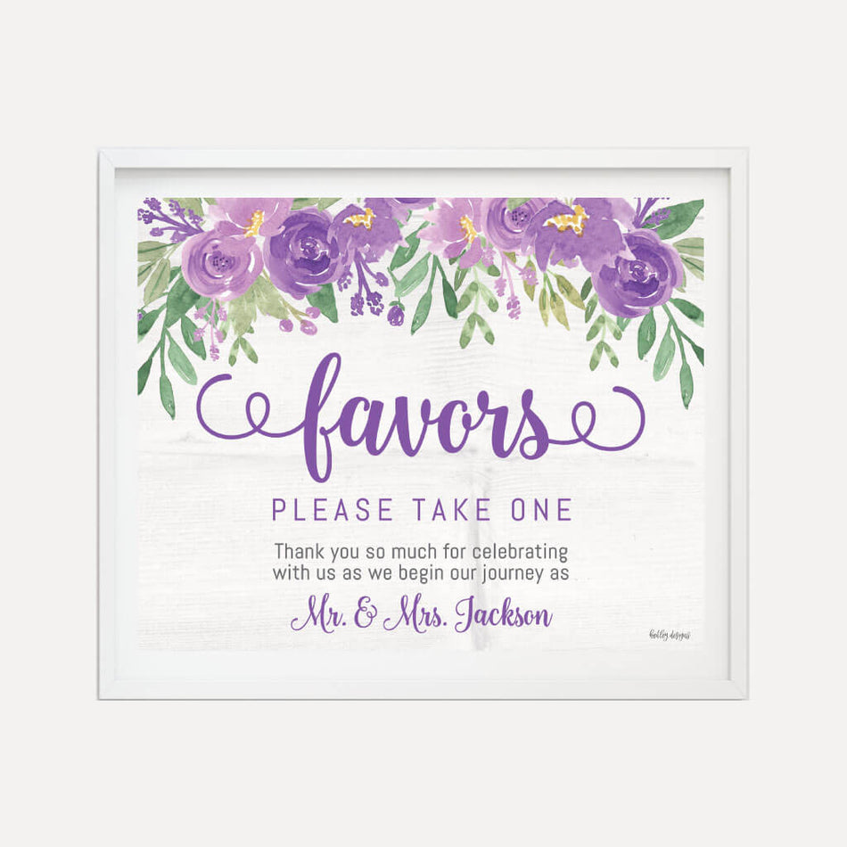 Purple Floral Rustic Wedding Favors Sign Printable Template