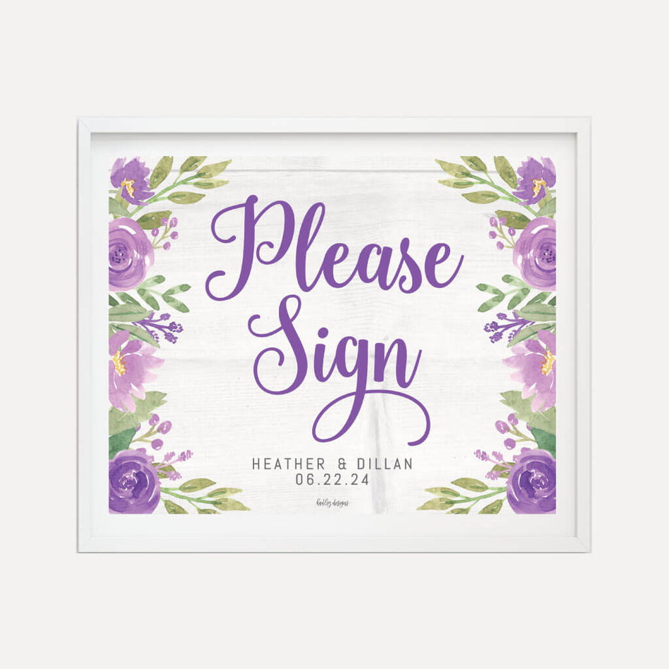 Purple Floral Rustic Wedding Guestbook Sign Printable Template