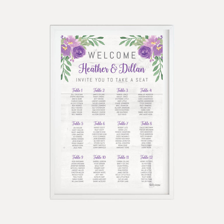 Purple Floral Rustic Wedding Seating Chart Sign Printable Template