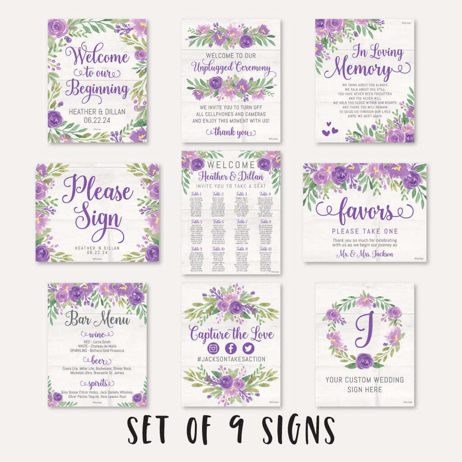 Purple Floral Rustic Wedding Sign Set Printable Template