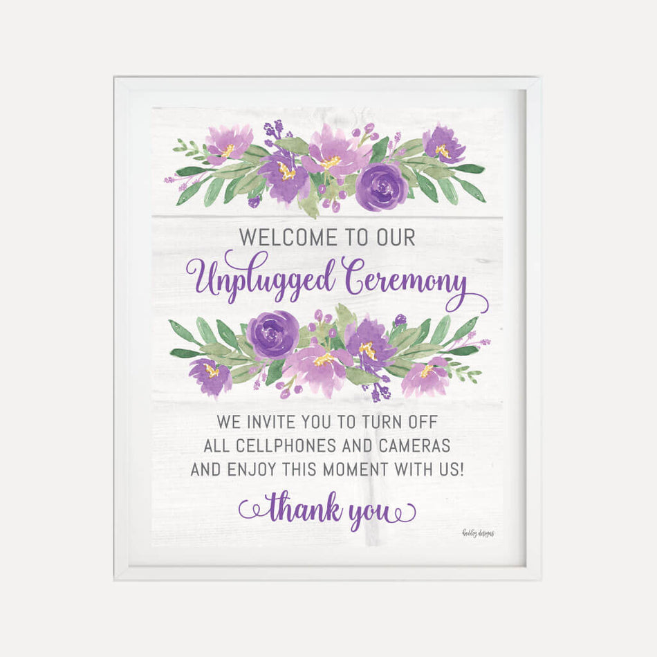 Purple Floral Rustic Wedding Unplugged Ceremony Sign Printable Template