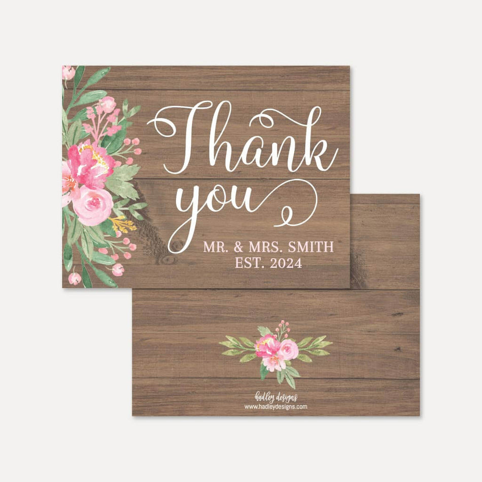 Printable Rustic Blush Floral Wedding Thank You Card Template | Hadley ...