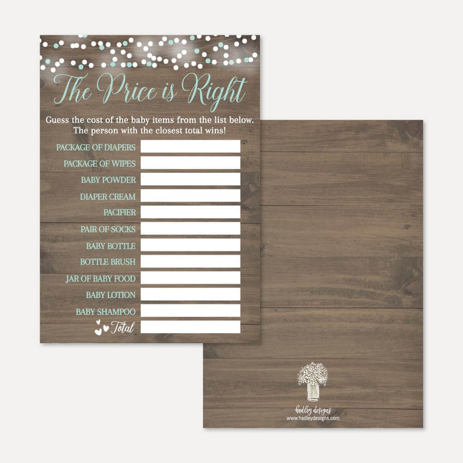 Wood Rustic Floral Boy Baby Shower Price is Right Game Printable Template