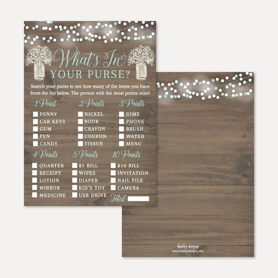 Printable Wood Rustic Floral Boy Baby Shower What's In Your Purse? Game ...