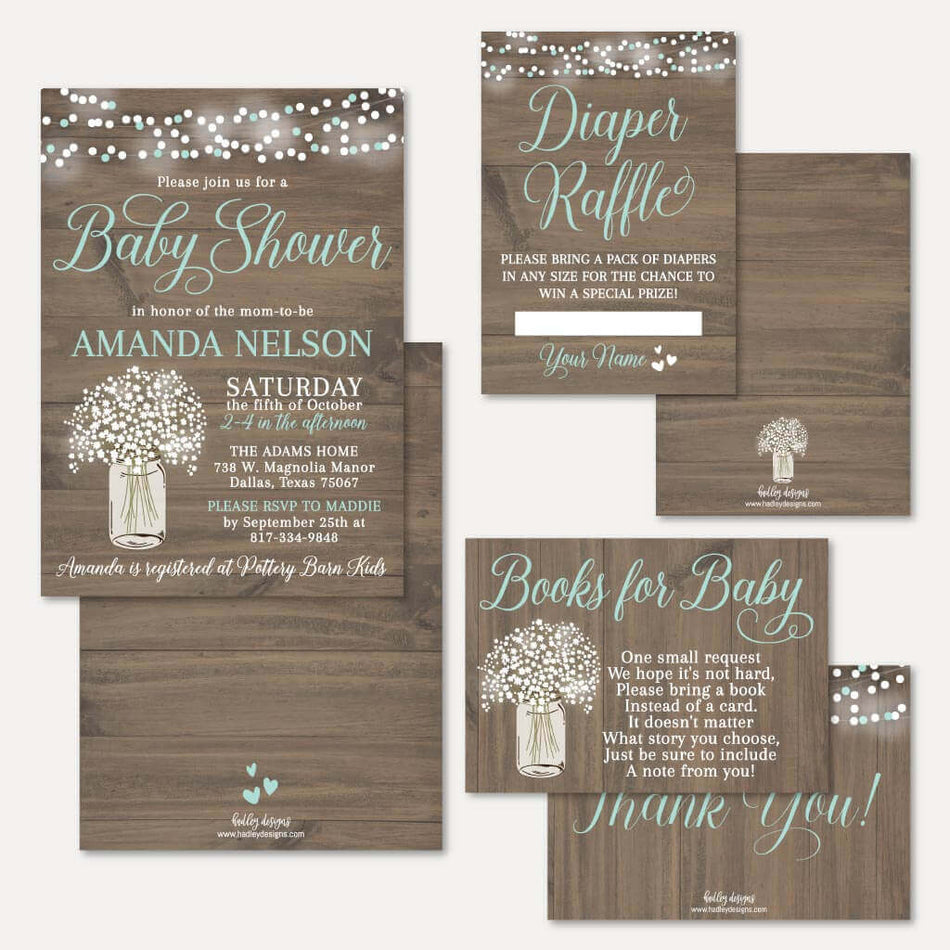 Wood Rustic Floral Boy Baby Shower Invitation Suite Printable Template