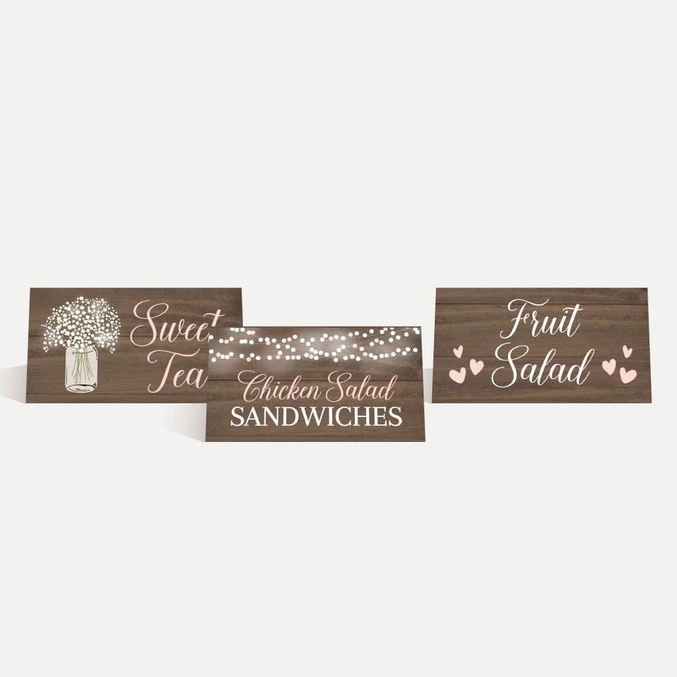 Wood Rustic Floral Girl Baby Shower Food Tent Cards Printable Template