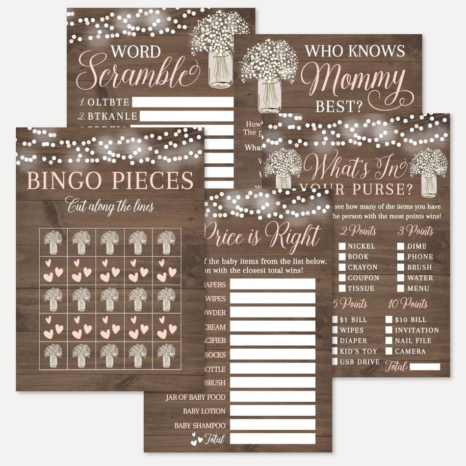 Wood Rustic Floral Girl Baby Shower Games Set Printable Template