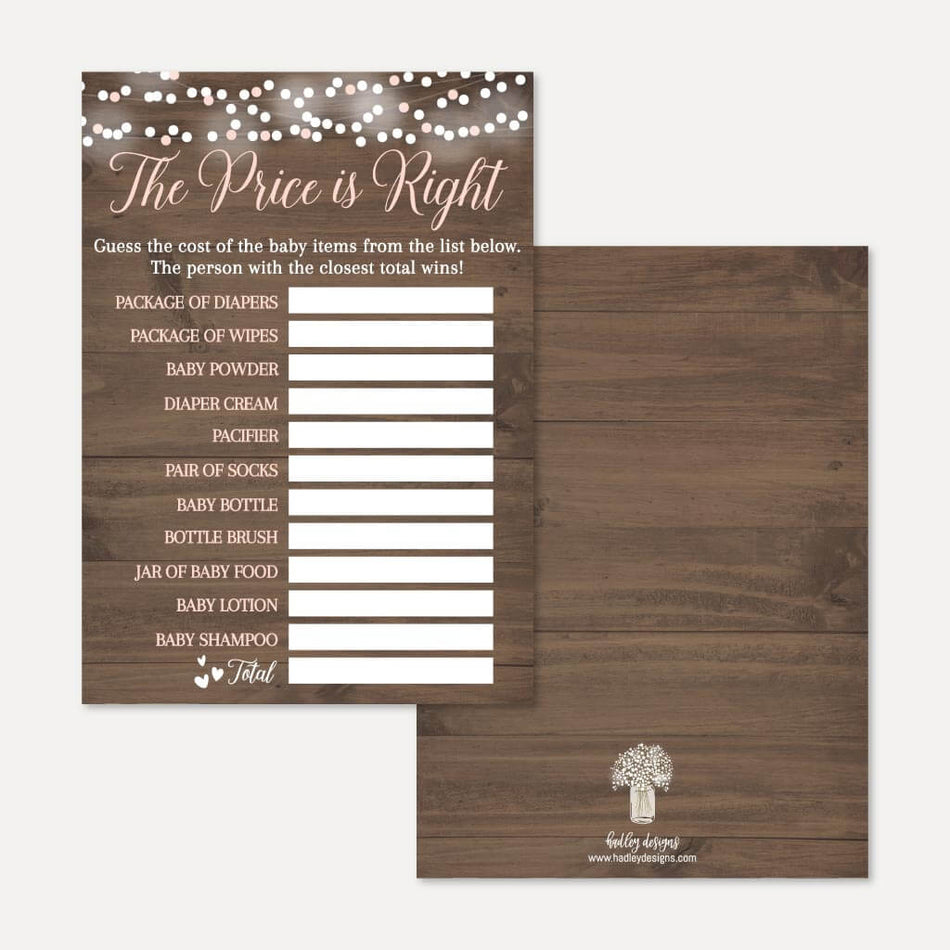 Wood Rustic Floral Girl Baby Shower Price is Right Game Printable Template