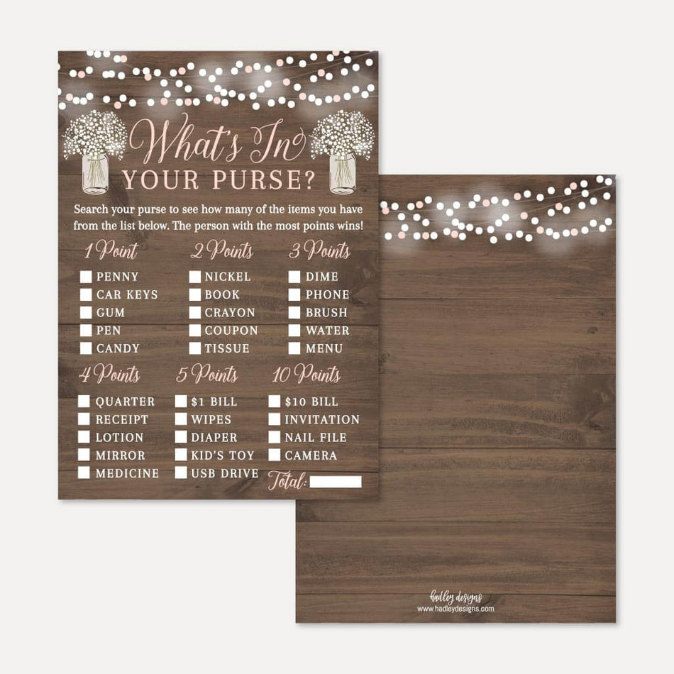 Wood Rustic Floral Girl Baby Shower What's In Your Purse Game Printable Template